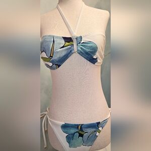 Tory Burch Bikini S Bandeau Halter Top/ M Tie Bottoms White Teal Blue Floral